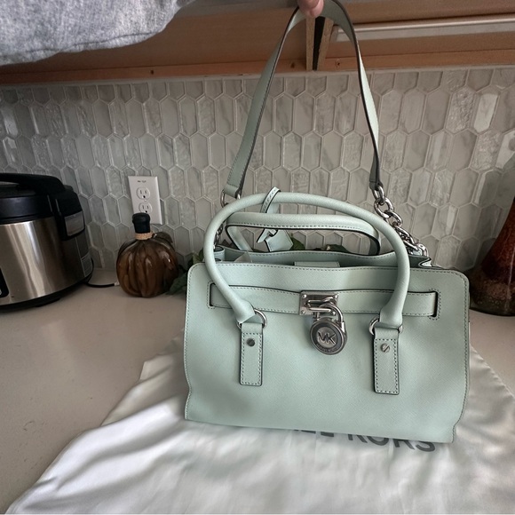 Michael Kors Mint Green Leather Satchel With Silver-Tone Hardware & Dust Bag - Picture 11 of 14